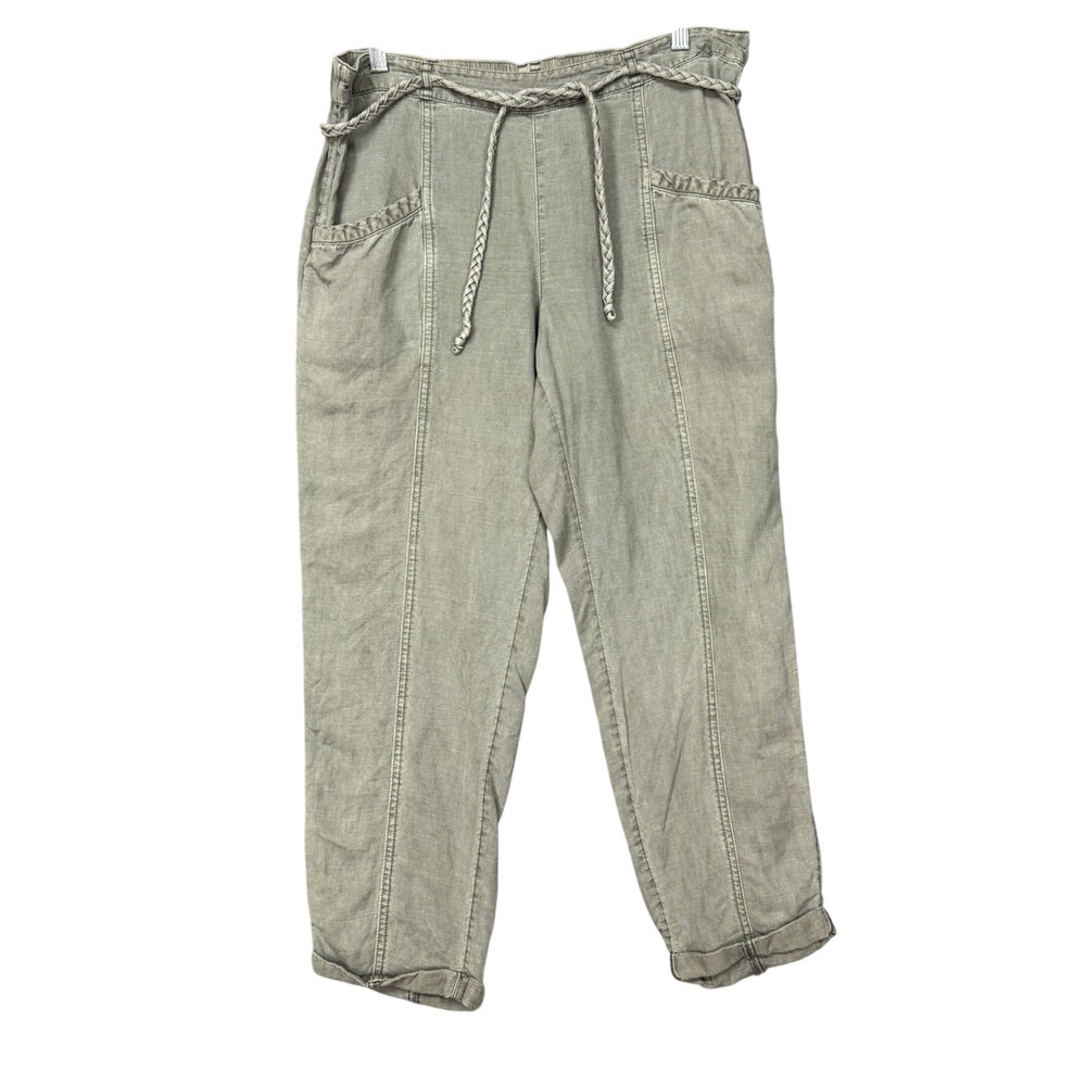 C&C California Linen Lyocell Pants Womens Large Green Boho Braided Belt Cuffed
